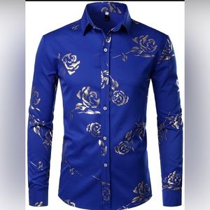 ZEROYAA Mens Hipster Gold Rose Printed Slim Fit Long Sleeve Dress Shirt/Prom